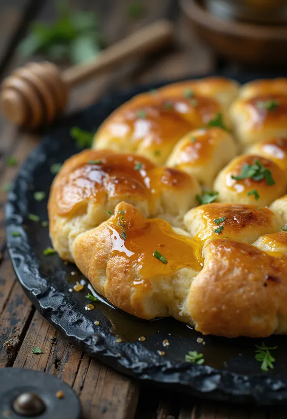 Focaccia z serem camembert i miodem podana na stół