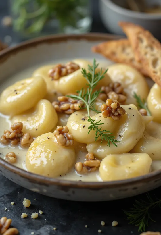 Gnocchi z gorgonzolą podane na talerzu