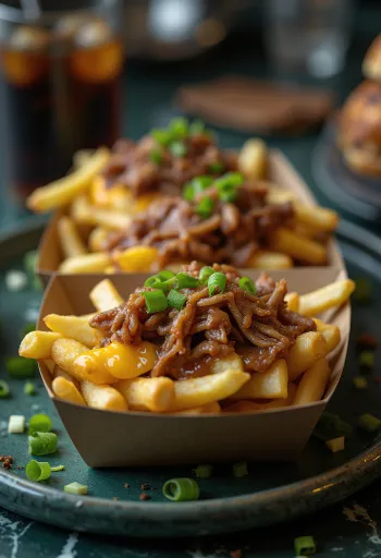 Poutine z szarpaną wieprzowiną w stylu kanadyjskim podane