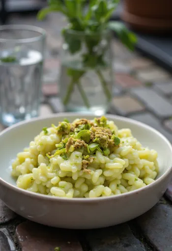 Kremowe risotto posypane pistacjami, podane w jasnej misce