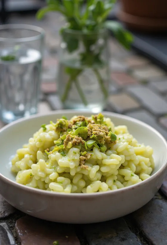 Kremowe risotto posypane pistacjami, podane w jasnej misce