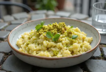 Kremowe risotto posypane pistacjami, podane w jasnej misce