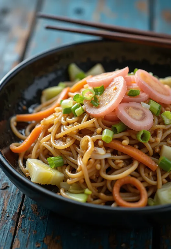Yakisoba z warzywami, smażony makaron podawany z kolorowymi warzywami