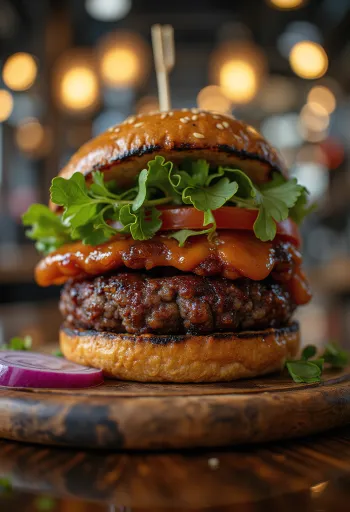 Grillowany pikantny burger z czarnej fasoli BBQ podany w bułce