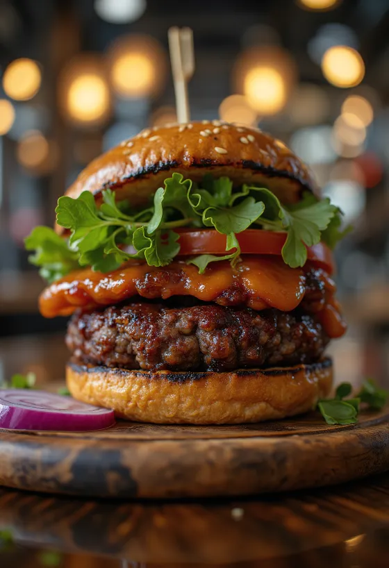 Grillowany pikantny burger z czarnej fasoli BBQ podany w bułce