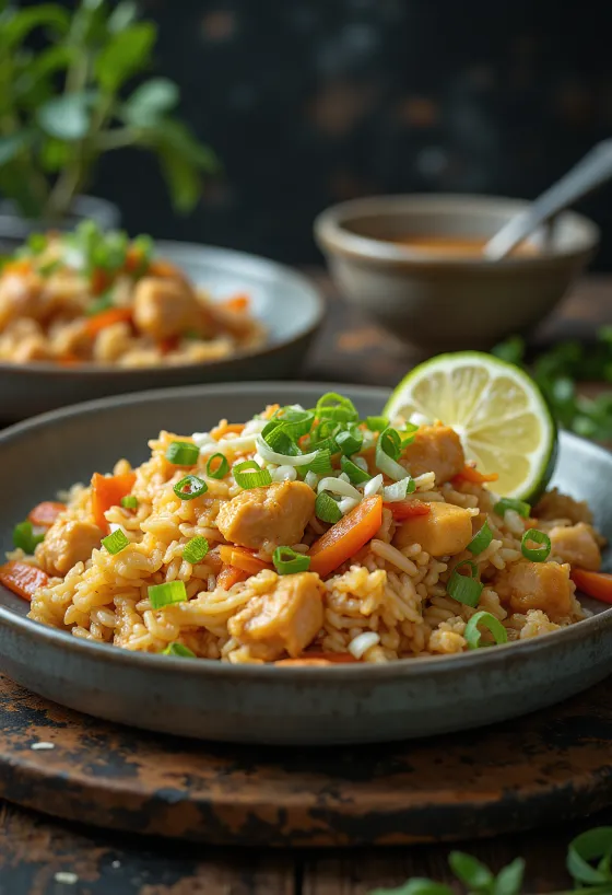 Khao Pad podane z limonką i kolendrą