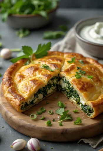 Spanakopita z ziołami, złocistobrązowe, chrupiące ciasto z bogatym nadzieniem szpinakowym