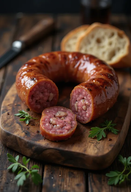 Wędzona kiełbasa pokrojona w plastry, podawana ze świeżym chlebem i papryką.