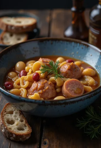 Minestrone z kiełbasą, makaronem i warzywami, podawane jako ciepłe, domowe danie