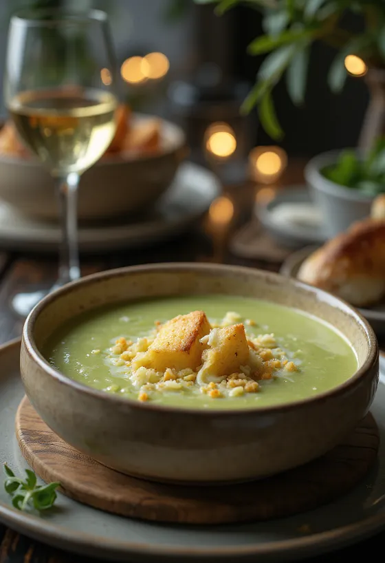 Kremowa zupa porowa z serem podana na talerzu