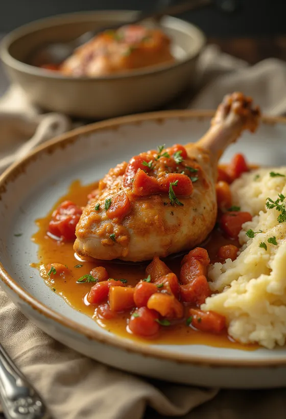 Udka kurczaka w leczo z puree ziemniaczanym podane ze świeżą pietruszką