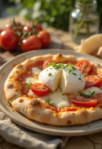 Pizza alla Burrata z kremowym serem burrata i świeżą bazylią