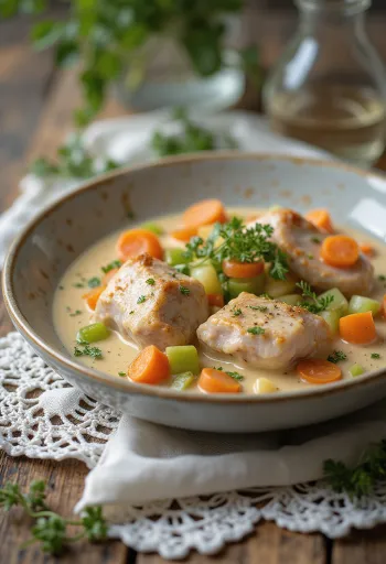 Fricassee z królika podane z kremowym sosem i udekorowane świeżą pietruszką