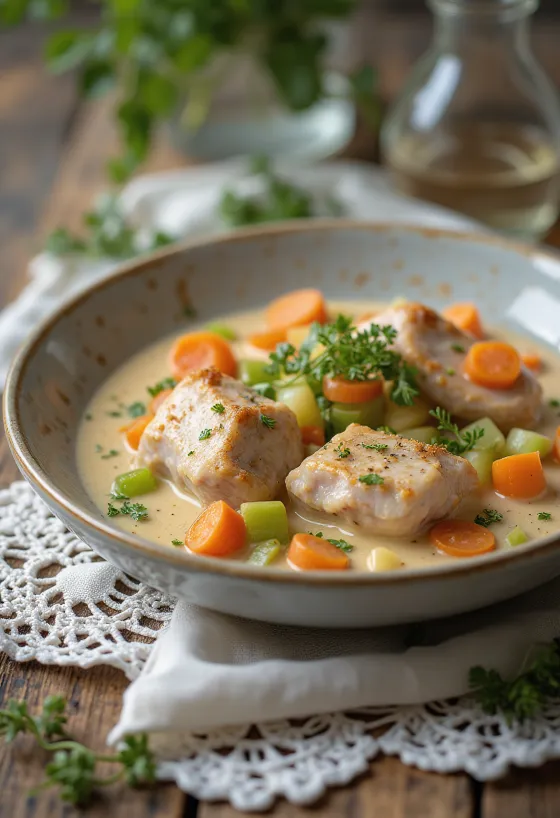 Fricassee z królika podane z kremowym sosem i udekorowane świeżą pietruszką