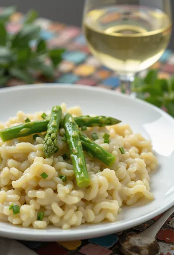Kremowe risotto ze świeżymi zielonymi szparagami, posypane parmezanem, podane w stylu włoskim