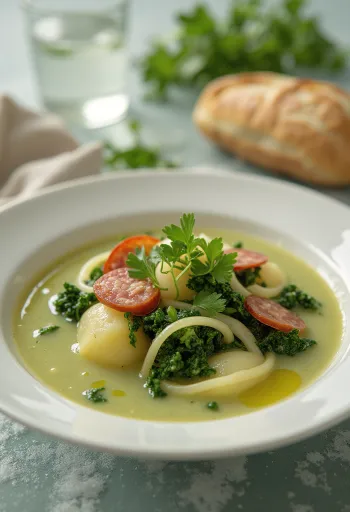 Zupa Caldo verde podana ze świeżą zieloną kapustą i kiełbasą
