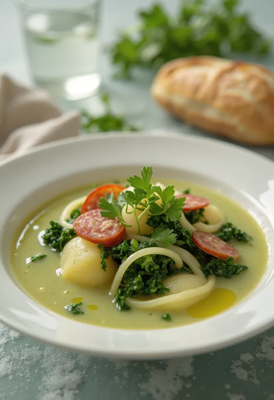 Zupa Caldo verde podana ze świeżą zieloną kapustą i kiełbasą