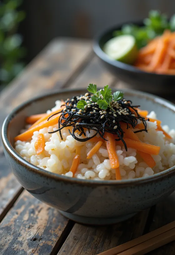 Prebiotyczne hijiki z ryżem, podane z ziarnami sezamu i kolendrą
