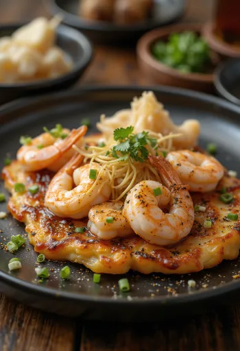 Okonomiyaki z krewetkami podawane z sosem okonomiyaki i płatkami bonito