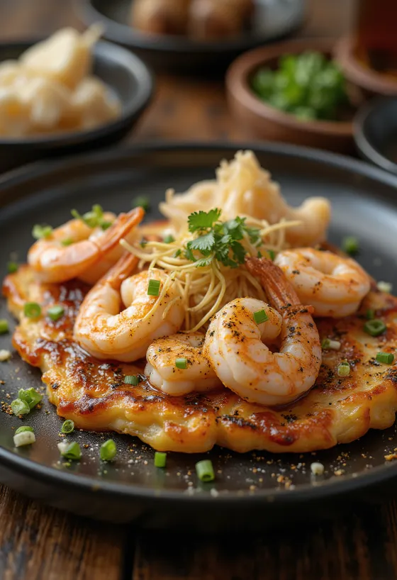 Okonomiyaki z krewetkami podawane z sosem okonomiyaki i płatkami bonito