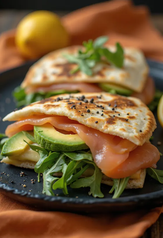 Piadina z łososiem i awokado podana