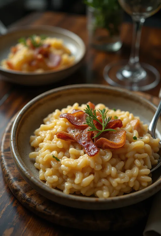 Risotto z chrupiącym boczkiem i tartym parmezanem, podane w stylu włoskim