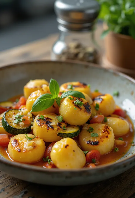 Grillowane gnocchi podane na talerzu