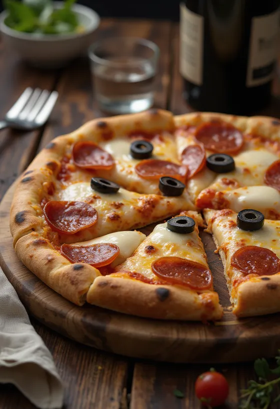 Pizza Pepperoni z oliwkami podana na stół