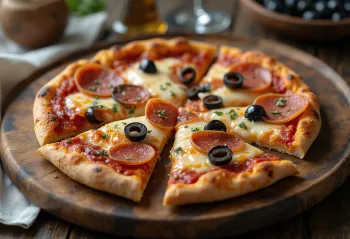 Pizza Pepperoni z oliwkami podana na stół