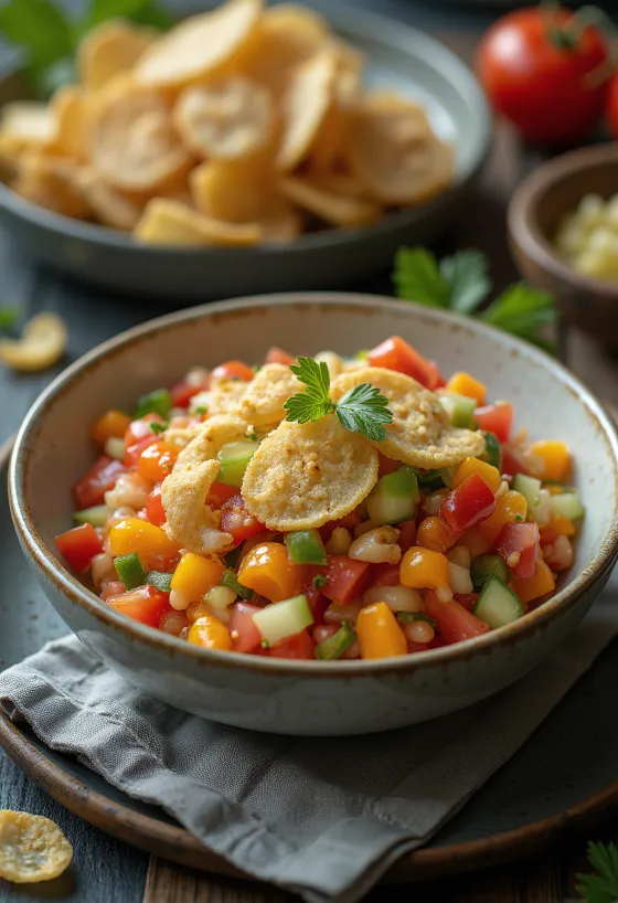 Kolorowa salsa warzywna w misce, posypana prażonym czosnkiem