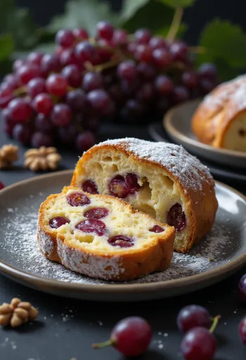 Pokrojony Stollen winogronowy, posypany cukrem pudrem
