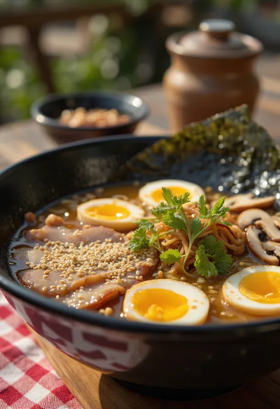 Kagoshima ramen na bazie wieprzowo-drobiowej podany z mięsem chashu i jajkiem