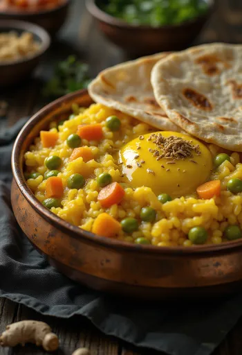 Miska khichdi z ryżu i soczewicy z warzywami