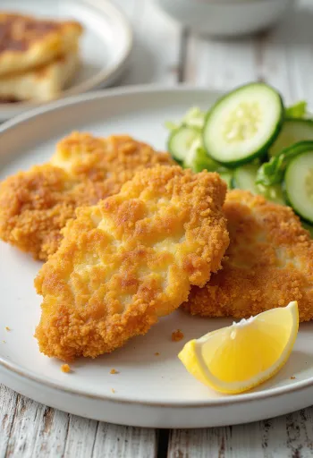 Kotlet schabowy smażony na złoty kolor, podawany w chrupiącej panierce