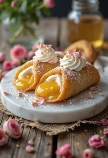 Cannoli z różą i miodem podane na talerzu