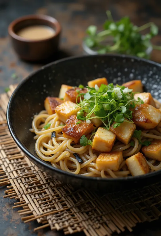 Zimny makaron soba z tofu i zielonymi dodatkami na bambusowej macie