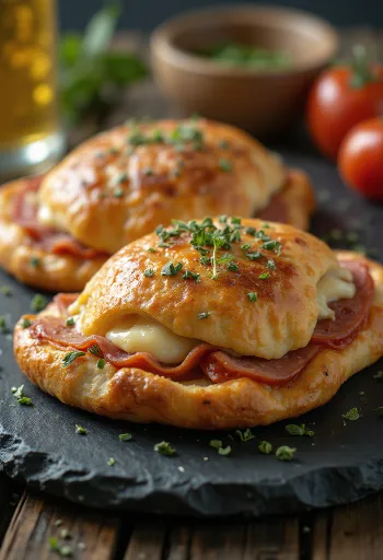 Calzone z salami, o złocistobrązowej skórce, nadziewane salami i serem