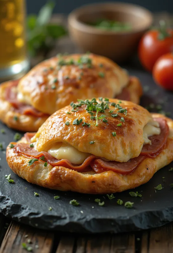 Calzone z salami, o złocistobrązowej skórce, nadziewane salami i serem