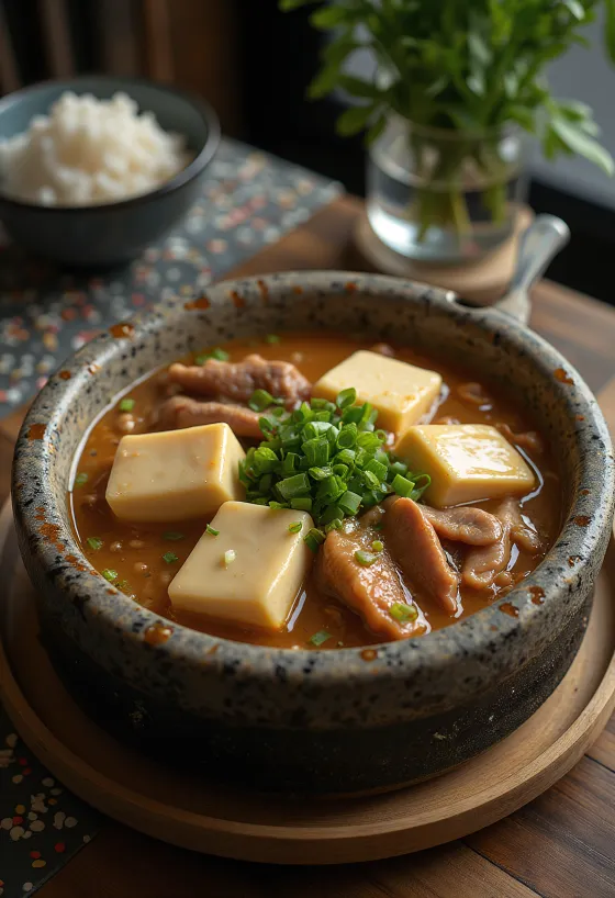 Cheonggukjang jjigae, z koreańską sfermentowaną pastą sojową, tofu i wołowiną