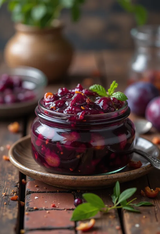 Ciemny chutney śliwkowy w słoiku i na łyżce.