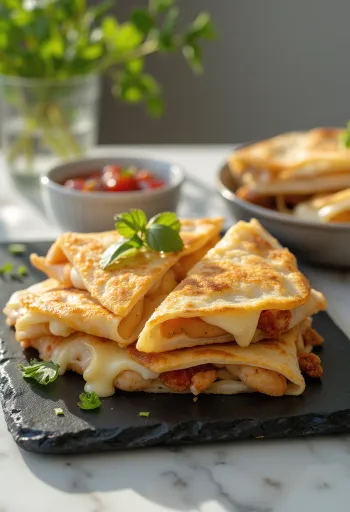 Quesadilla z kurczakiem usmażona na złoty kolor, podana z roztopionym serem i świeżymi ziołami