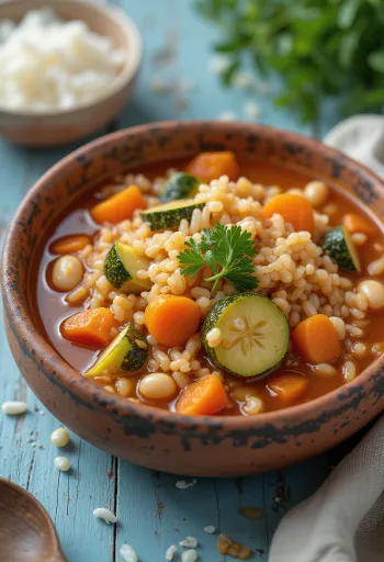 Zupa Minestrone z ryżem, podawana z warzywami i fasolą