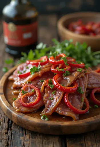 Biltong z papryczką chili, podawany z plasterkami limonki i kolendrą