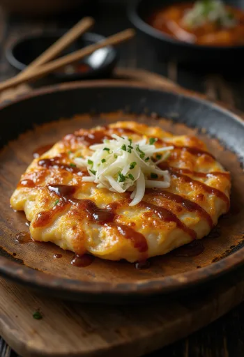 Okonomiyaki z kapustą podawane z sosem okonomiyaki i płatkami bonito