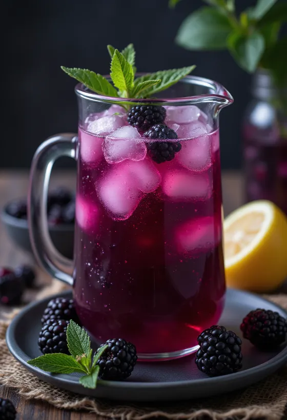 Lemoniada jeżynowa podana w szklance