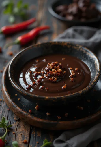 Sos czekoladowy z chili podany na deserze