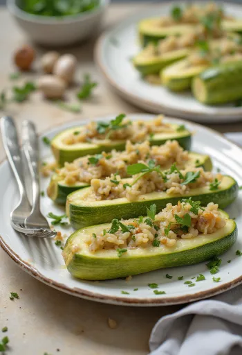 Dolma w cukinii z nadzieniem ryżowym, podana ze świeżymi plasterkami cytryny