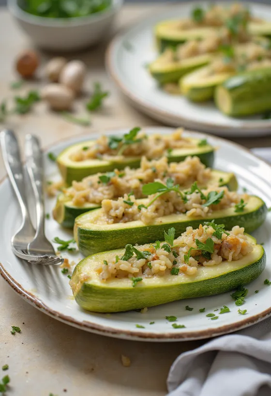 Dolma w cukinii z nadzieniem ryżowym, podana ze świeżymi plasterkami cytryny
