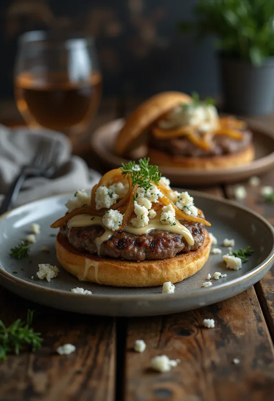 Hamburger z serem pleśniowym z soczystym kotletem i charakterystycznym serem pleśniowym