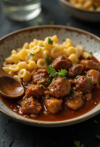 Gulasz wołowy podawany z makaronem